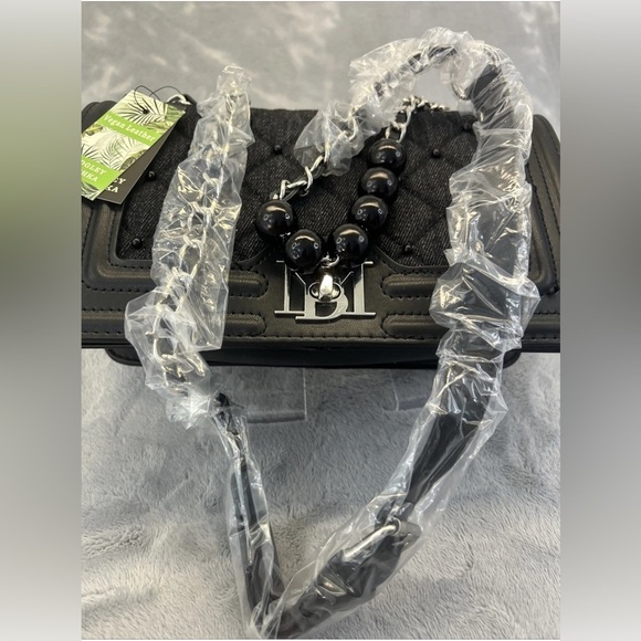 Badgley Mischka Black Denim Diamond Quilted Leather Chain Beaded Crossbody NWT - Picture 6 of 7